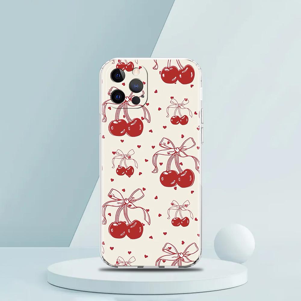 Cute Cherry Bow Luxury Phone Case For iPhone 18 16 15 14 13 12 11 Pro Max XS X XR SE 7 8 Plus Soft Silicone Clear Cover