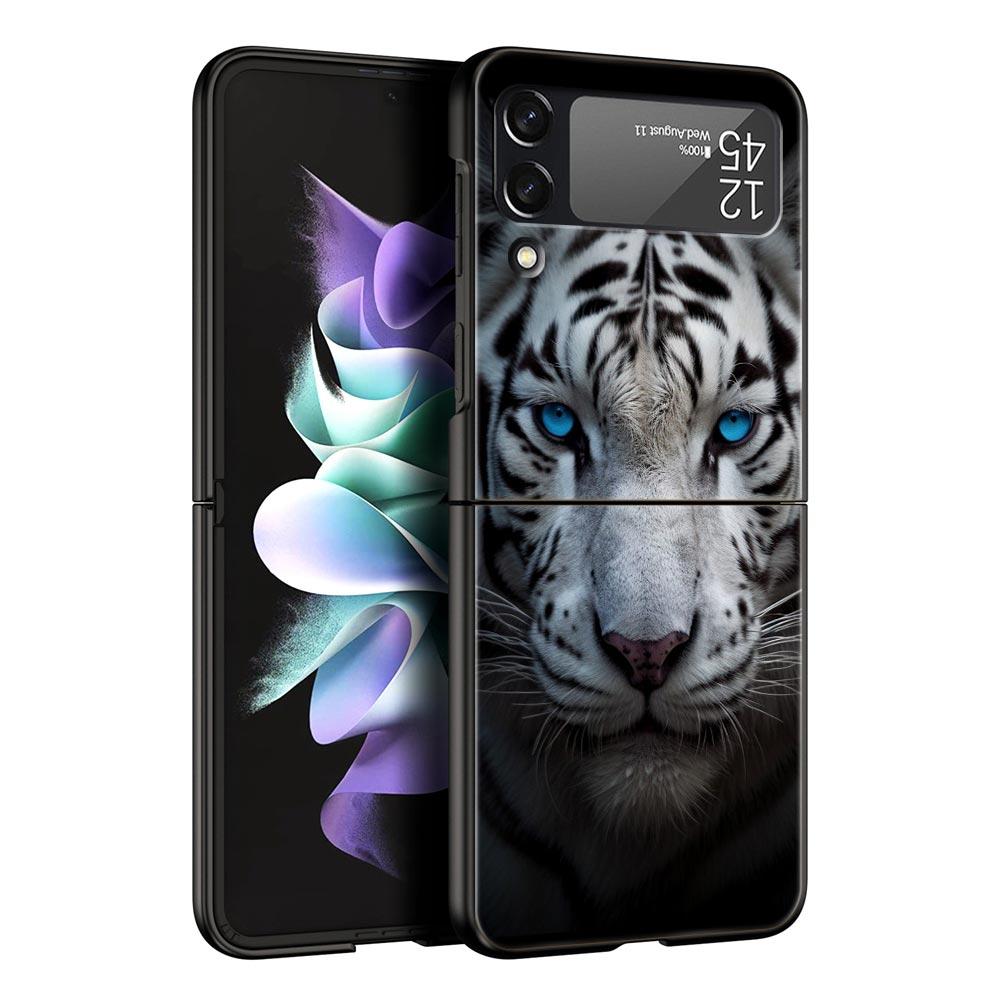 Phone Case for Samsung Galaxy Z Flip 3 4 5 6 7 Folding Black Shell For Samsung Z Flip4 Flip5 PC Hard Cover Animal White Tiger