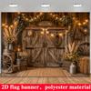 Rustic Barn Door Backdrop Banner, Welcome Sign Sunflowers Reeds Wood Wheel String Lights, Polyester Wall Decor for Party