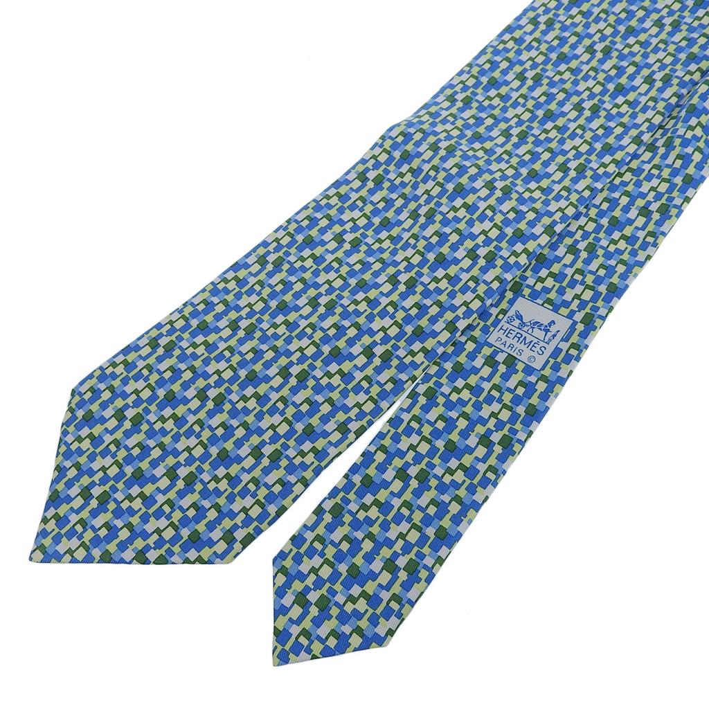 Great HERMES Tie All-over Logo Print Blue Green Multi Silk Mens 5089 PA Used
