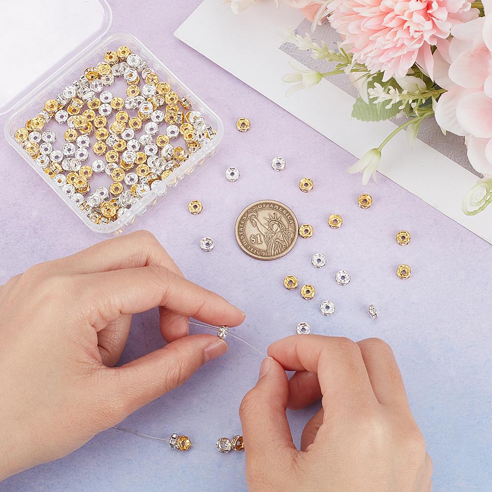 200Pcs 2 Colors Brass Rhinestone Spacer Beads, Grade A, Straight Flange, Flat Round, Golden & Silver, 6x3mm, Hole: 1mm, 100Pcs/color