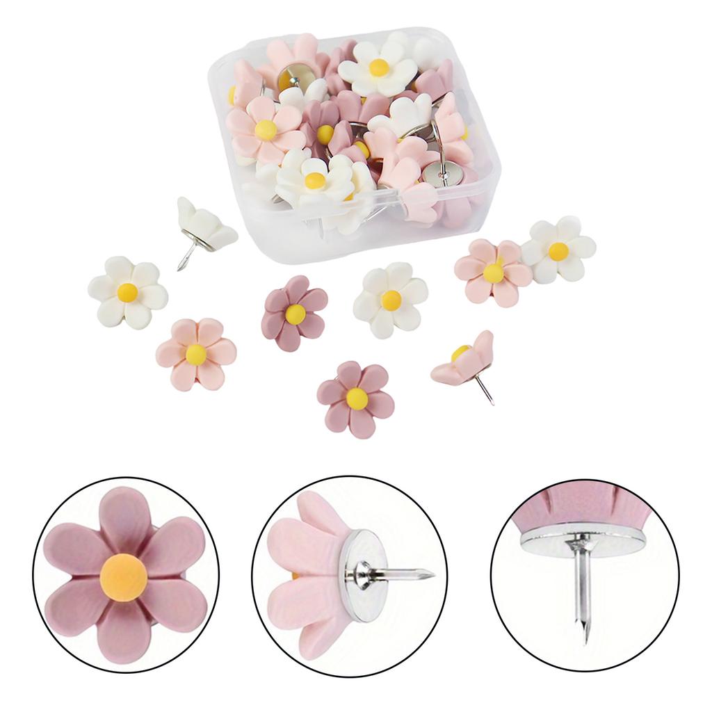 20/30Pcs Flower Push Pins with Case Decorative Thumb Tacks Drawing Pins Map Pins Cork Notice Board for School Office