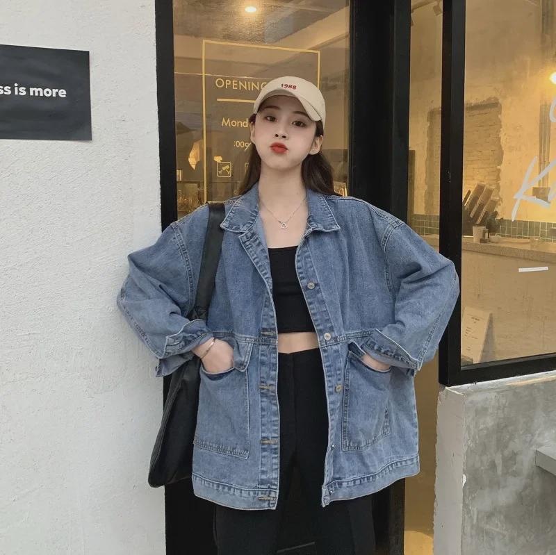 Women's Korean-Style Loose Denim Jacket, Versatile Harajuku Retro Long Sleeve for Spring/Autumn - Perfect for Students
