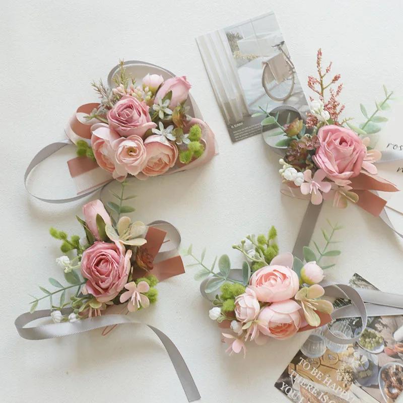 6pcs Pink Corsage Boutonniere Set for Bride Groom Bridesmaids Groomsmen Wedding Cerenony Homecoming Prom Suit Flowers