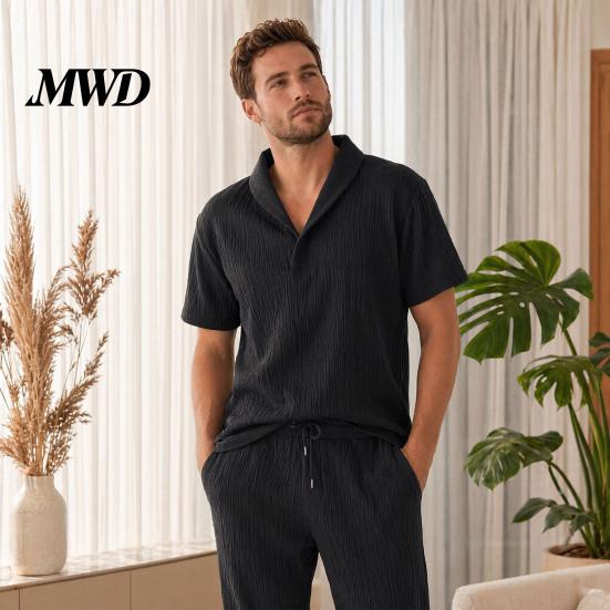 Casual Men Outfit 2Pcs/Set for Men, Lapel Short Sleeve Shirt And Elastic Waist Loose Ultra-thin Summer Suit Long Pants, Ultra-Thin Ice Silk Home Daily