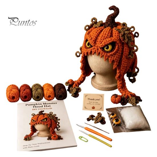 DIY Animal Hood Hat Halloween Crochet Kit, Skull Spider Bat Beginner Friendly Yarn Kit Spooky Pumpkin Earflap Craft for Adults Teens, Autumn