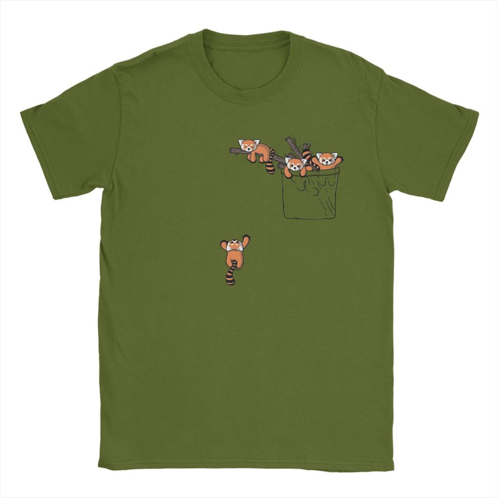 Men's Pocket Red Panda Bears T Shirt  Pure Cotton Clothing Amazing Short Sleeve Round Neck Tees Printing T-Shirt