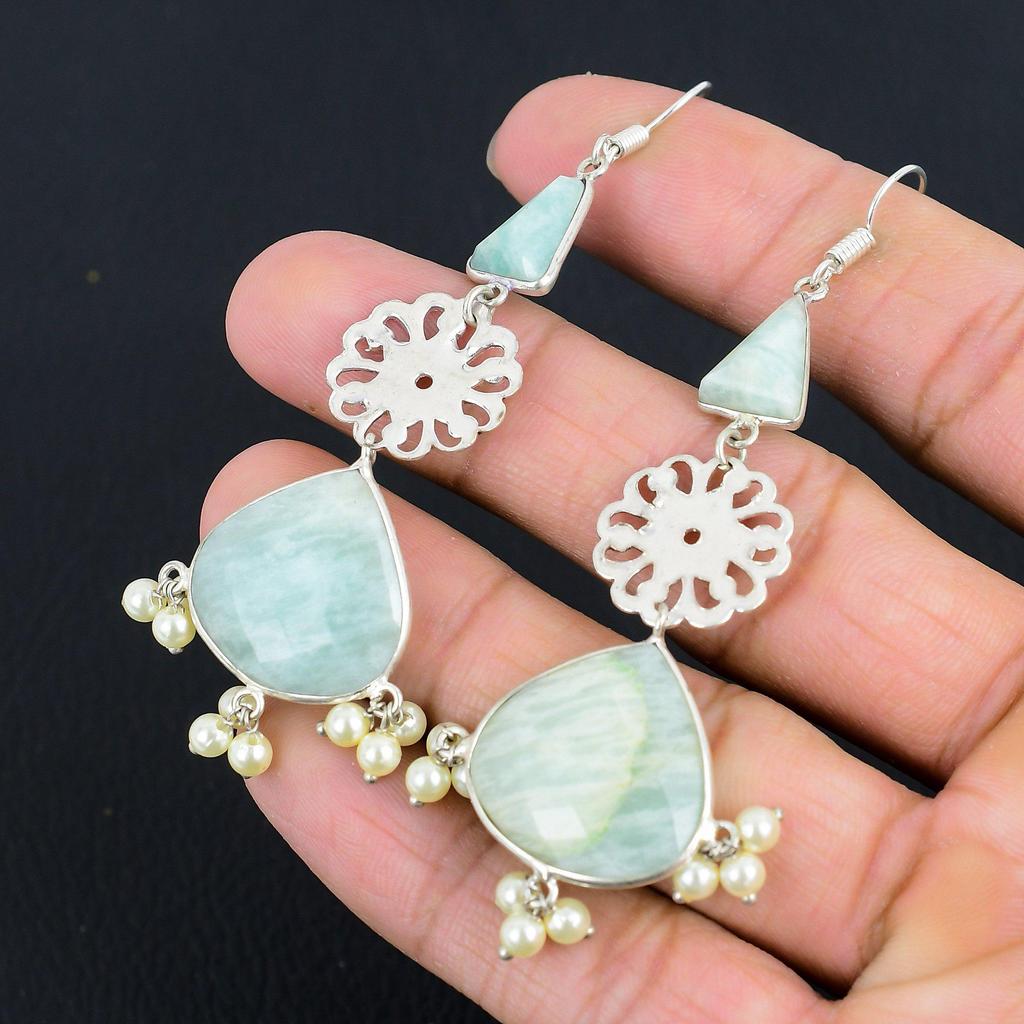 925 Sterling Silver Pear Amazonite Gemstone Sister New Drop Dangle Hook Earrings