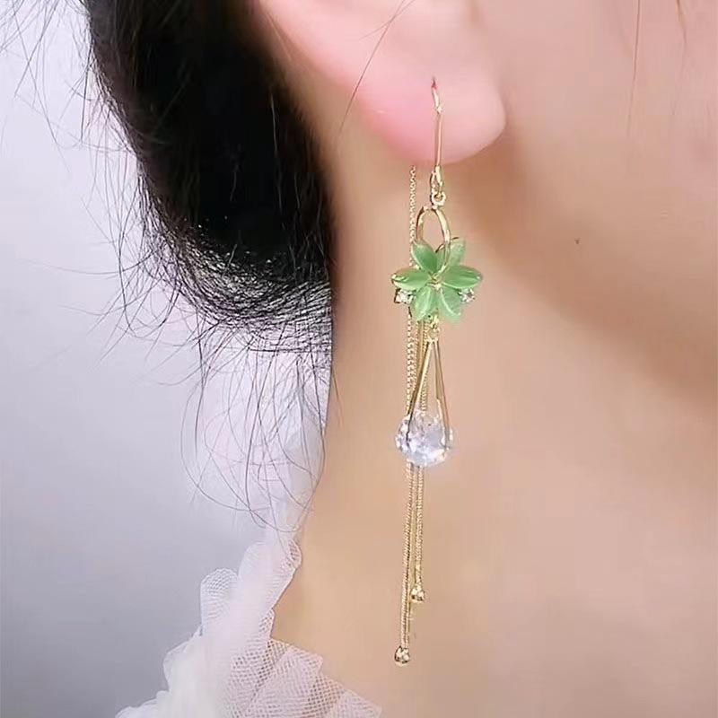 Luxurious Green Cat's Eye Stone Flower Threader Earrings - 2022 Fashion Trend, Secure Long Design.