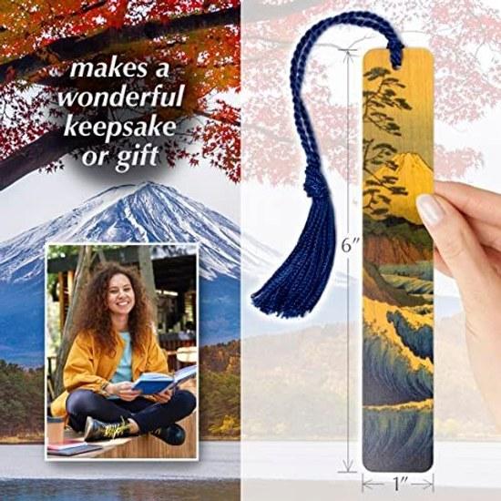 Mount Fuji Japanese Art Hokusai Wood Bookmark Landscape Design Handmade Blue University-style Chenille Tassel Made America
