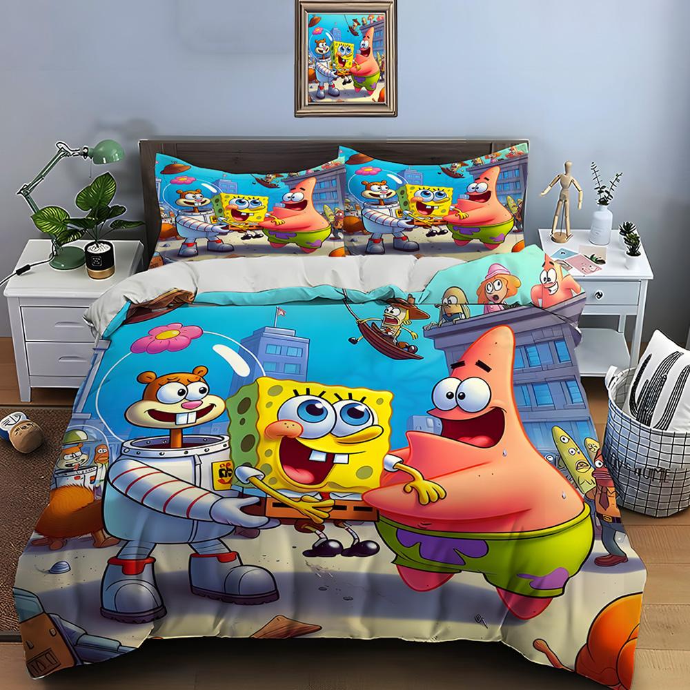 Multiple Sizes Spongebob Cartoon Print Bedding Set 1 Duvet Cover 2 Pillowcases Adult And Kids Bedding Set Luxury Gifts