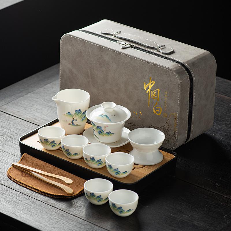 Suet jade tea set, white porcelain travel kung fu tea set, tea tray set, cover bowl teacup