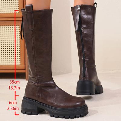 Stivali Al Ginocchio Marrone Vintage a Fondo Spesso Donna 2025 Inverno Stivali da Equitazione Classici Neri Stivaletti Lunghi con Zeppa e Tacco Alto Chunky