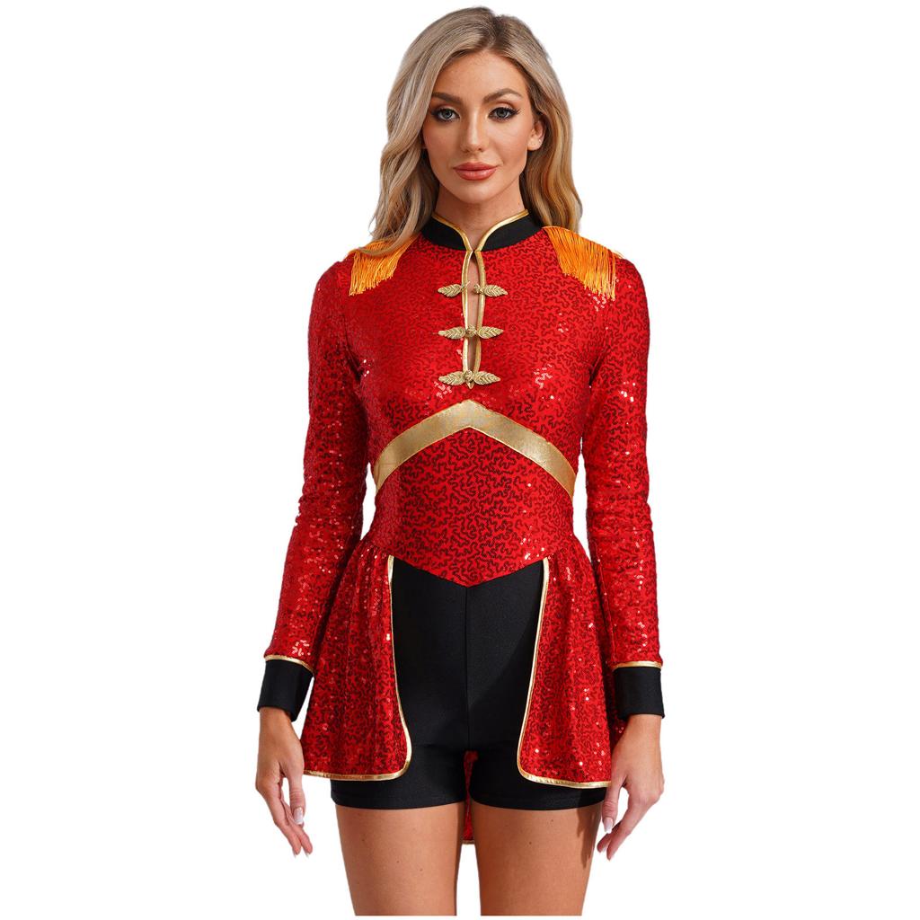 Womens Sparkly Ringmaster Outfit Fringed Epaulet Bodysuit for Carnival Performances Themed Parties
