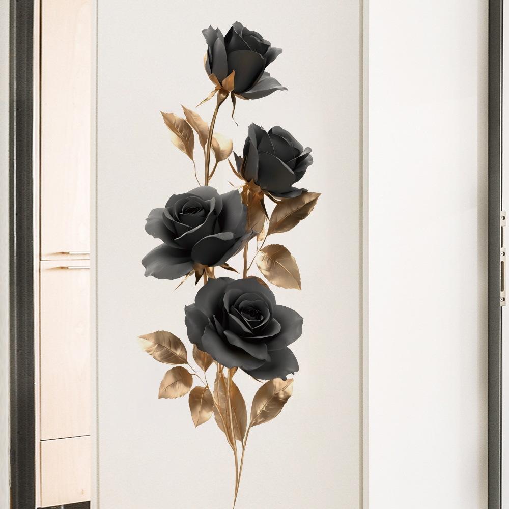 Black Rose And Gold Leaf Wall Sticker Light Luxury Living Room Entryway Self Adhesive Wallpaper