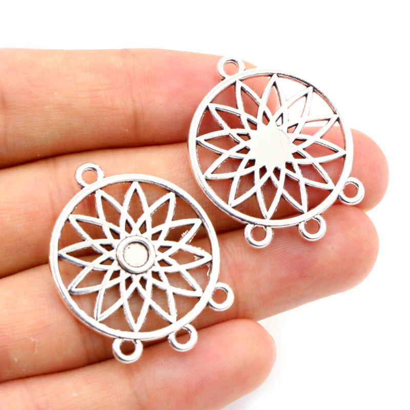 10pcs Metal Round Flower Charms Pendant with 3 Loops Connector Tassel Pendant 33x26mm DIY Jewelry Making Findings Accessories