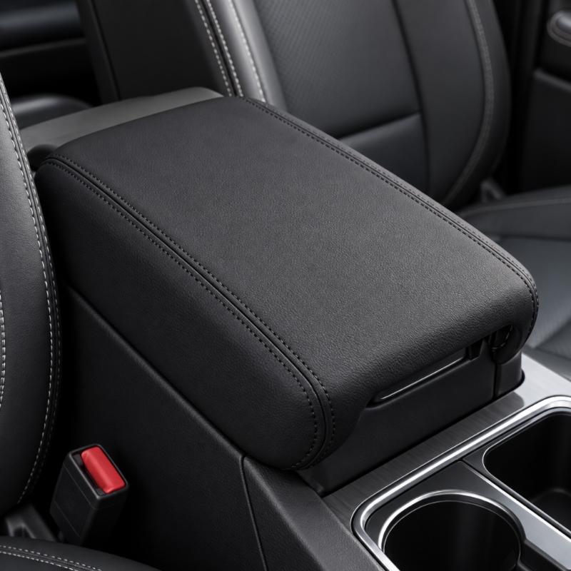 Black PVC Leather Armrest Lid Cover for 2007-2017 Center Consoles, Contoured Vehicle Cover with Rounded Panels and Visible Stitched Seams