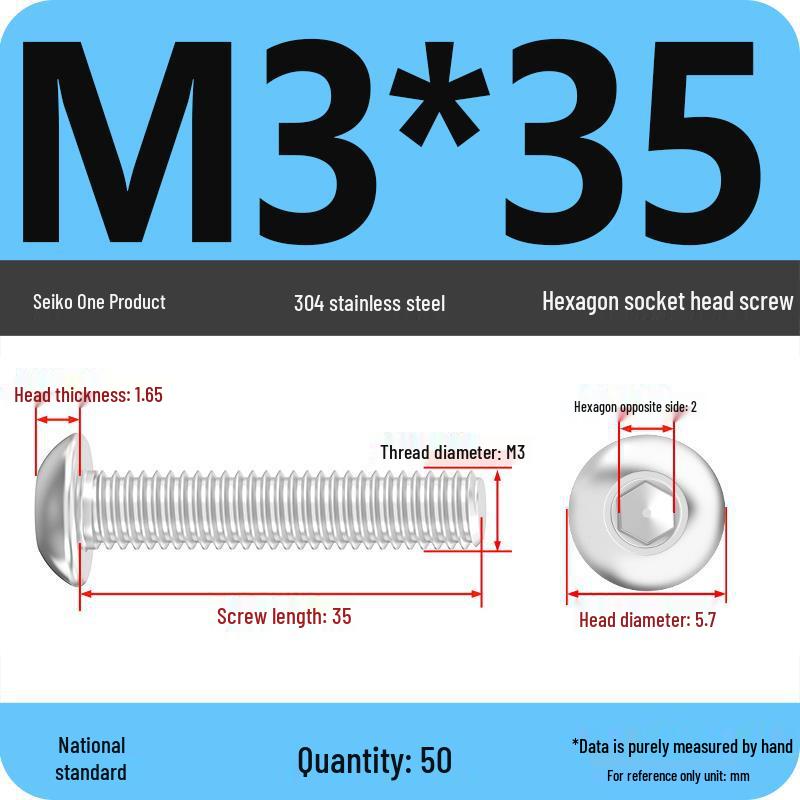 304 Stainless Steel Pan, Half, and Round Head Hexagon Screws (M2-M12)