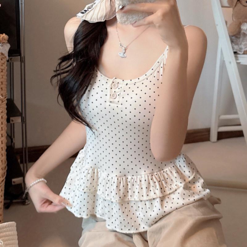 Women's Polka Dot U-Neck Button Strap Tank Top with Subtle Ruffles and Chest Pads - Slim Fit for Spring/Summer