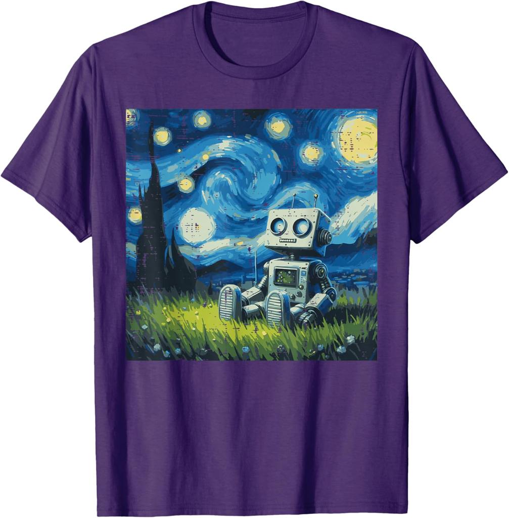 Starry Night Robot Graphic Tee Cotton Round Neck Casual TShirt Art Painting Print Tops for Men Women