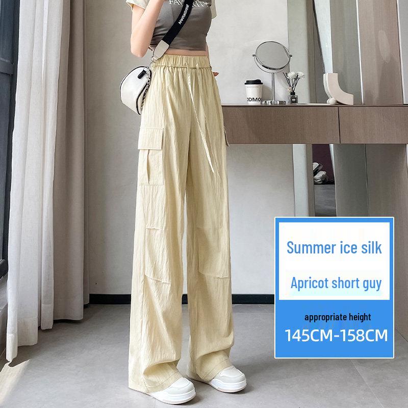 Women's Small Straight Leg Work Pants - Summer Ice Silk, Designer-Style, Elastic High Waist, Wide Leg, Floor-length