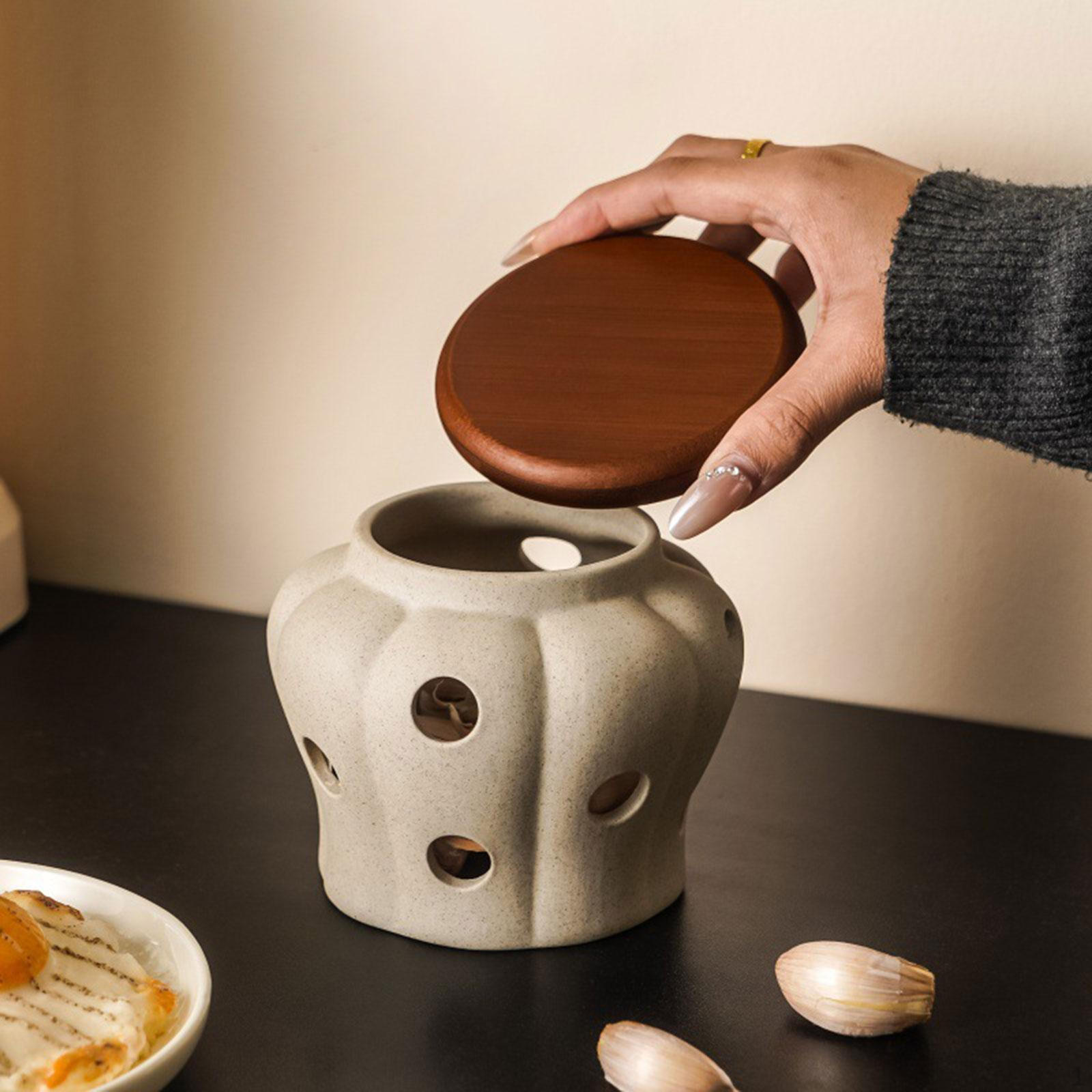 

Ceramic Garlic Keeper Kitchen Supplies with Lid Holes Durability Storage Container