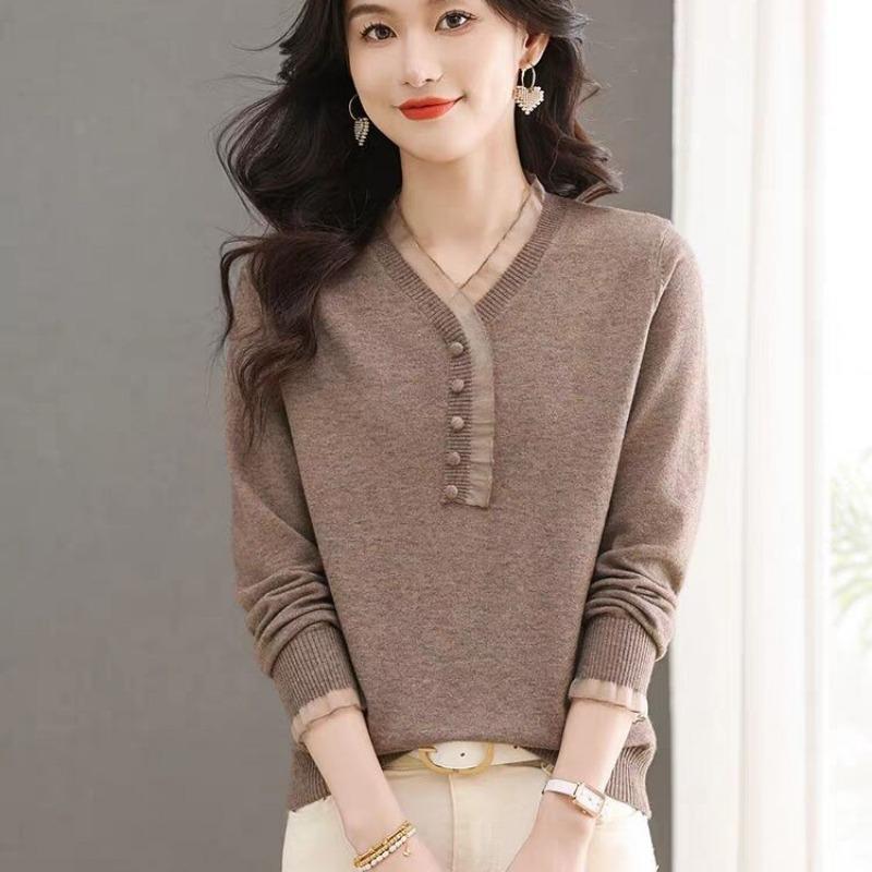 Autumn Winter Lace Patchwork Solid Color Knitting Pullover Top Women Casual Fashion V-neck Bottomed Sweater