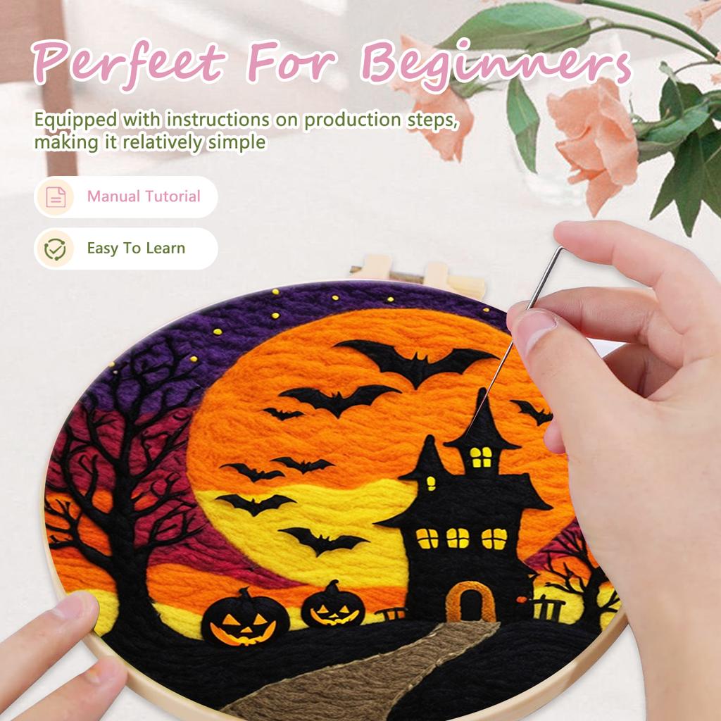 For CHENISTORY Halloween DIY Wool Needle Felt Landscape Embroidery Kit Handmade Painting with Canvas Support