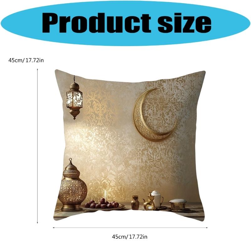 Soft Short Plush Cushion Cover Gold Moon Ethnic Festival Print 45x45cm Standard Size for Home Decoration