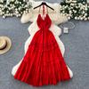 Pure desire style sexy burgundy long-sleeved dress women's French slim A-shaped dress high waist elegant temperament long dress