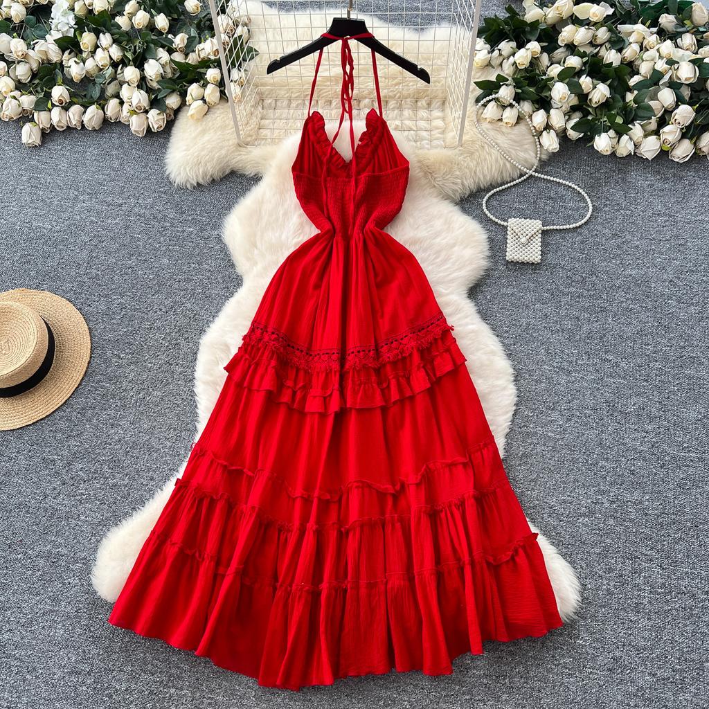 Pure desire style sexy burgundy long-sleeved dress women's French slim A-shaped dress high waist elegant temperament long dress