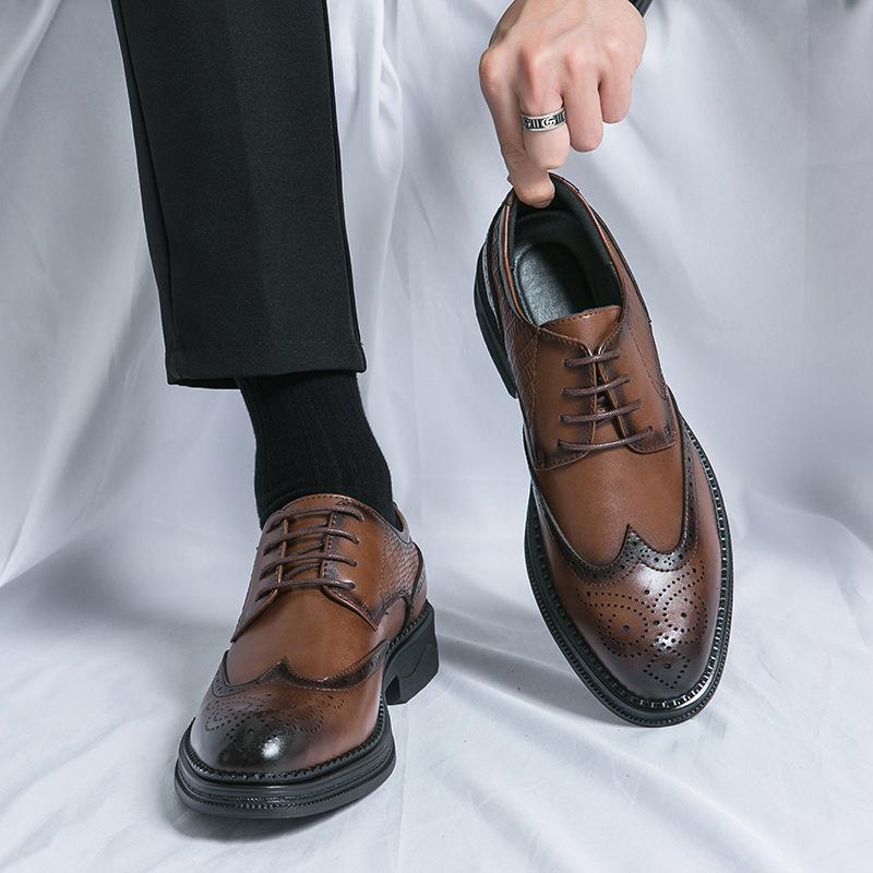 Brock Carved Leather Shoes Black Men's Shoes British Derby Shoes Groom Wedding Business Dress Casual Leather Shoes