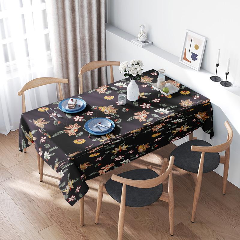 Floral Tablecloth with Black Background Decorative Dining Room Cloth Polyester Fabric Floral Print Kitchen Cover 150x240cm for L