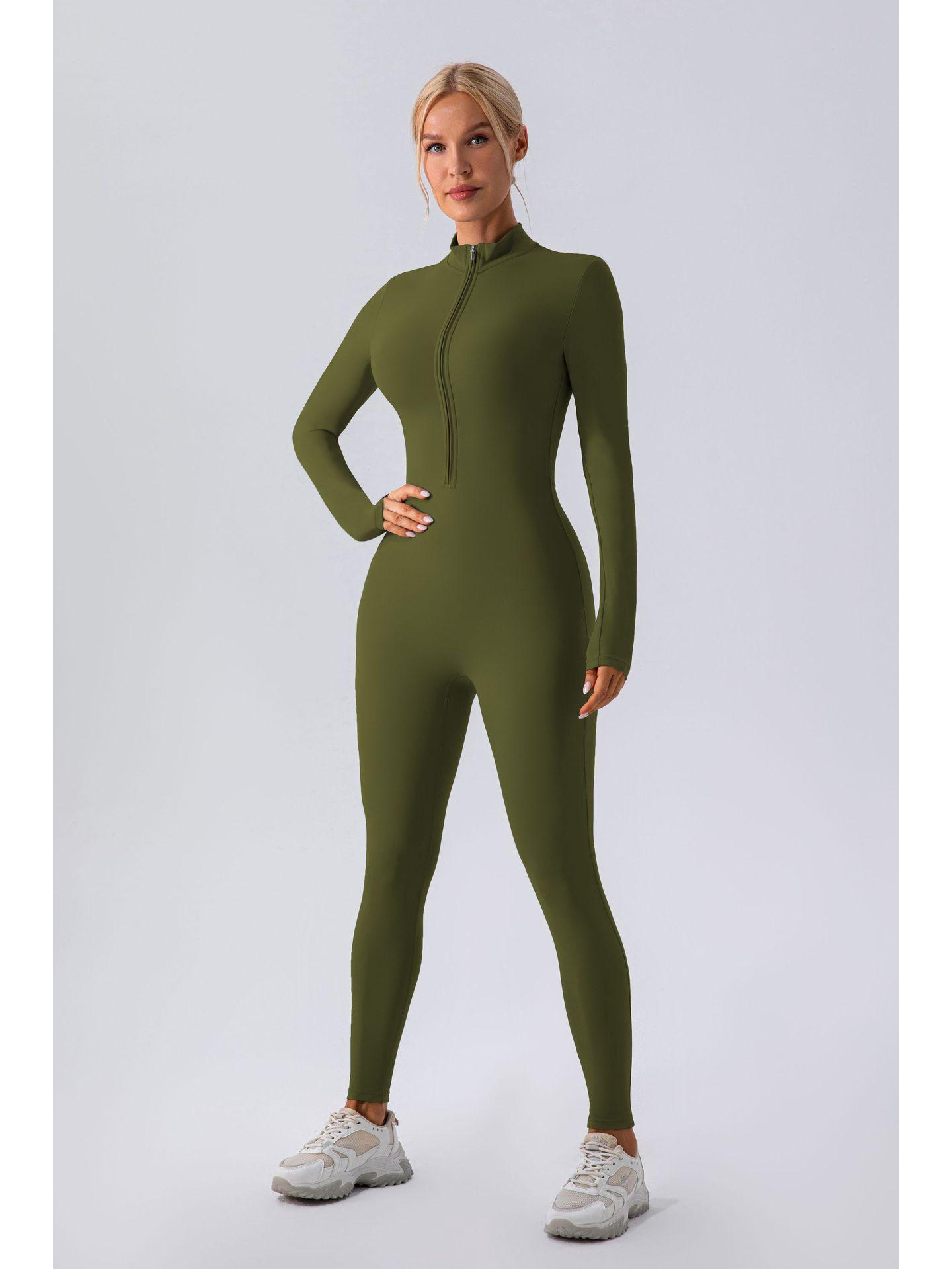 

Европейский и американский нюдовый комбинезон для йоги с длинным рукавом и молнией: Женский боди для фитнеса и танцев Large/8 зелёный