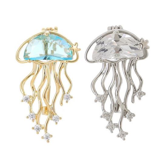 Women Brooch Blue Faux Crystal Jellyfish Shape Lapel Pin Suits Coats Bags Scarves Badge Versatile Accessory