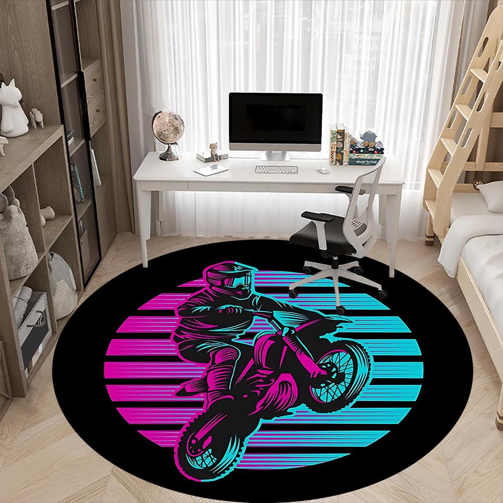 1PC Motorbike Rider Office Round Area Rug,  Mat Suitable ForOffice, Under Office Chairs Bedroom Living Room Home Decor, Room Deco