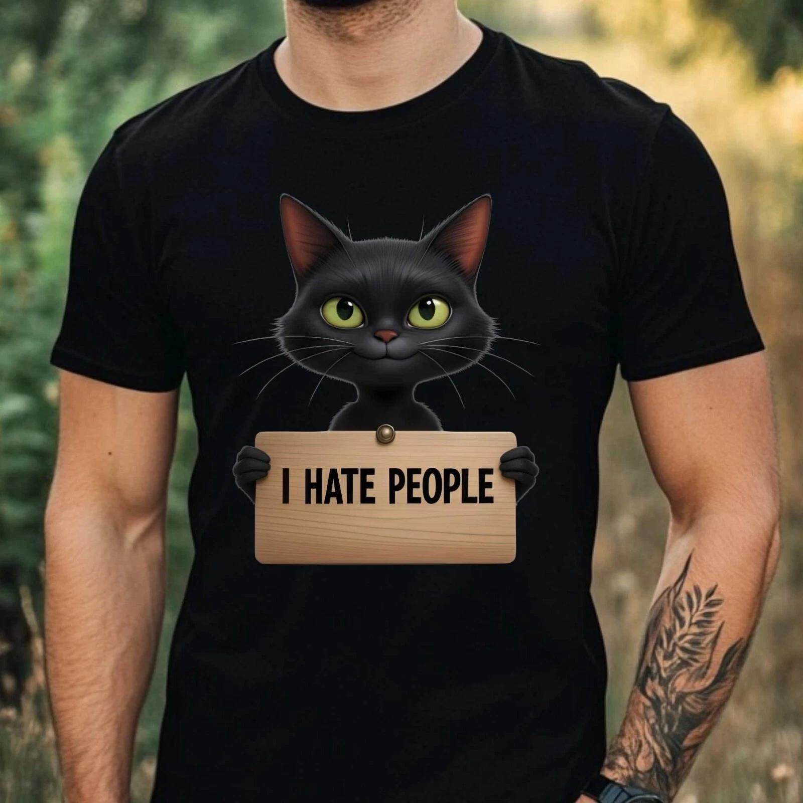 

Mens People Hating Cat Motif Cotton T-Shirt Size XS to 5XL- XL