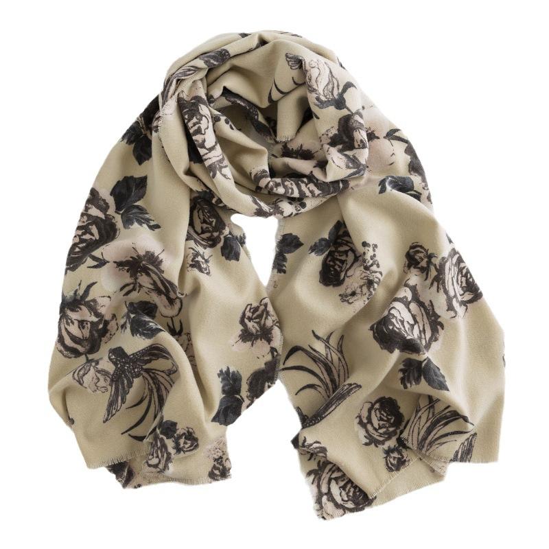 Scarf Autumn and Winter Rose Print Imitation Cashmere Tassel Shawl European and American New Women's Warm Scarf