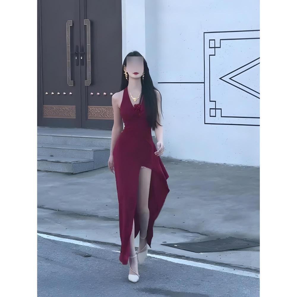 Hong Kong Style Retro Temperament Neck Dress Women's Summer Temperament Split V-neck Vacation Hip Dress Dress