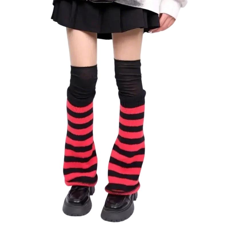 Punk Styles Japanese Harajuku Knitted Striped Flared Leg Warmers and Thigh High Long Socks Set for Women Teen Streetwear