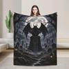 Gothic Gargoyle Cemetery Throw Blanket, Full Moon Horror Decor, Soft Flannel (300g)