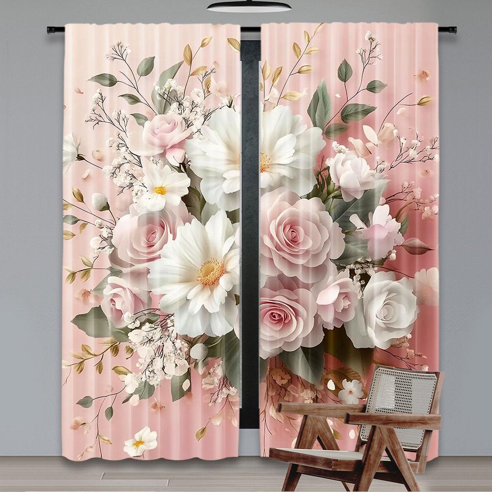 Set Of 2 Floral Curtain Delicate Pink Bouquet Spring Nature Blossoms Romantic Design Suitable Living Room Bedroom Kitchen Polyester Ideal For