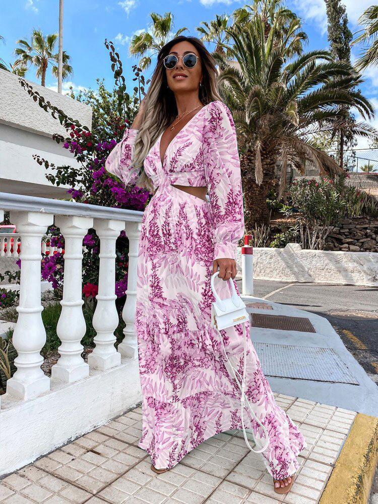 Spring Long Dress Fashion Print Sexy Deep V-neck Long Sleeved Dress Women's Elegant Hollow Out Ruffle Spliced Maxi Dress
