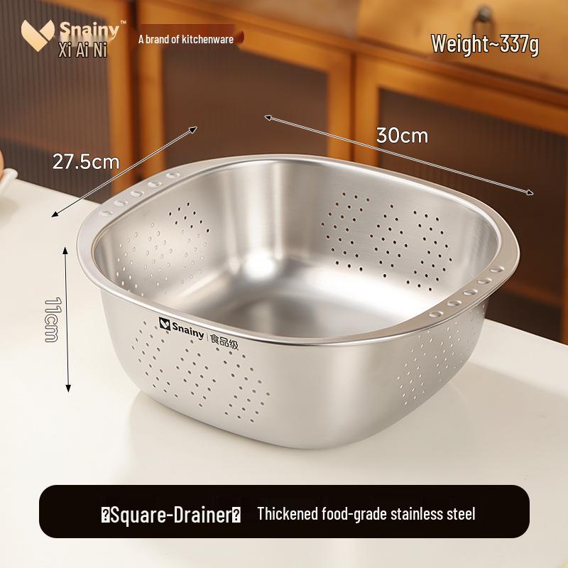 Stainless Steel Square Colander & Storage Basin Set for Washing Vegetables and Fruits