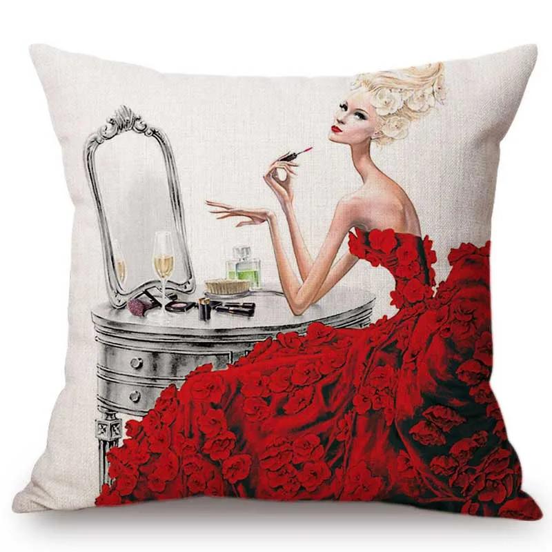 Fashion Lady Design Art Salon Beauty Store Decoration Throw Pillow Case Fashion Magazine Hand Drawing Art Girl Car Cushion Cover