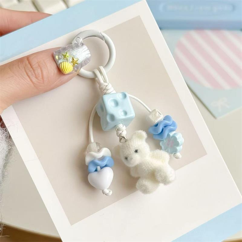 

Cute Sweet Flocked Bear Keychain Pendant Backpack Charm Phone Chain Fashion Trendy Bag Hanging Accessories Girly Keyring Gifts синий