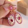 Big Oval Flower Rose Red Crystal Zircon Hoop Earrings For Women Vintage Gold Color Ear Buckle Wedding Jewelry Mother's Day Gifts