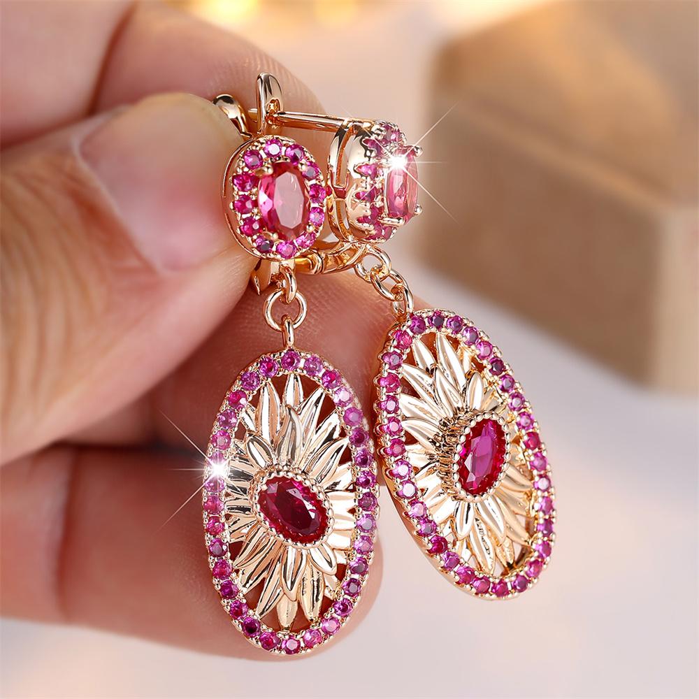 Big Oval Flower Rose Red Crystal Zircon Hoop Earrings For Women Vintage Gold Color Ear Buckle Wedding Jewelry Mother's Day Gifts