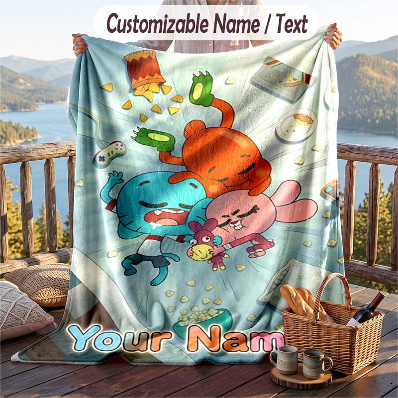 Amazing World of Gumball Flannel Blanket, Personalized Custom Name Text, Soft Warm Plush Throw Blanket For Gift
