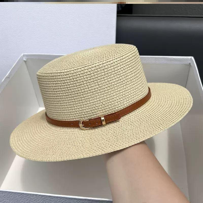 Flat top straw hat women's beach sunscreen bow top hat photo vacation straw weaving simple temperament sun hat